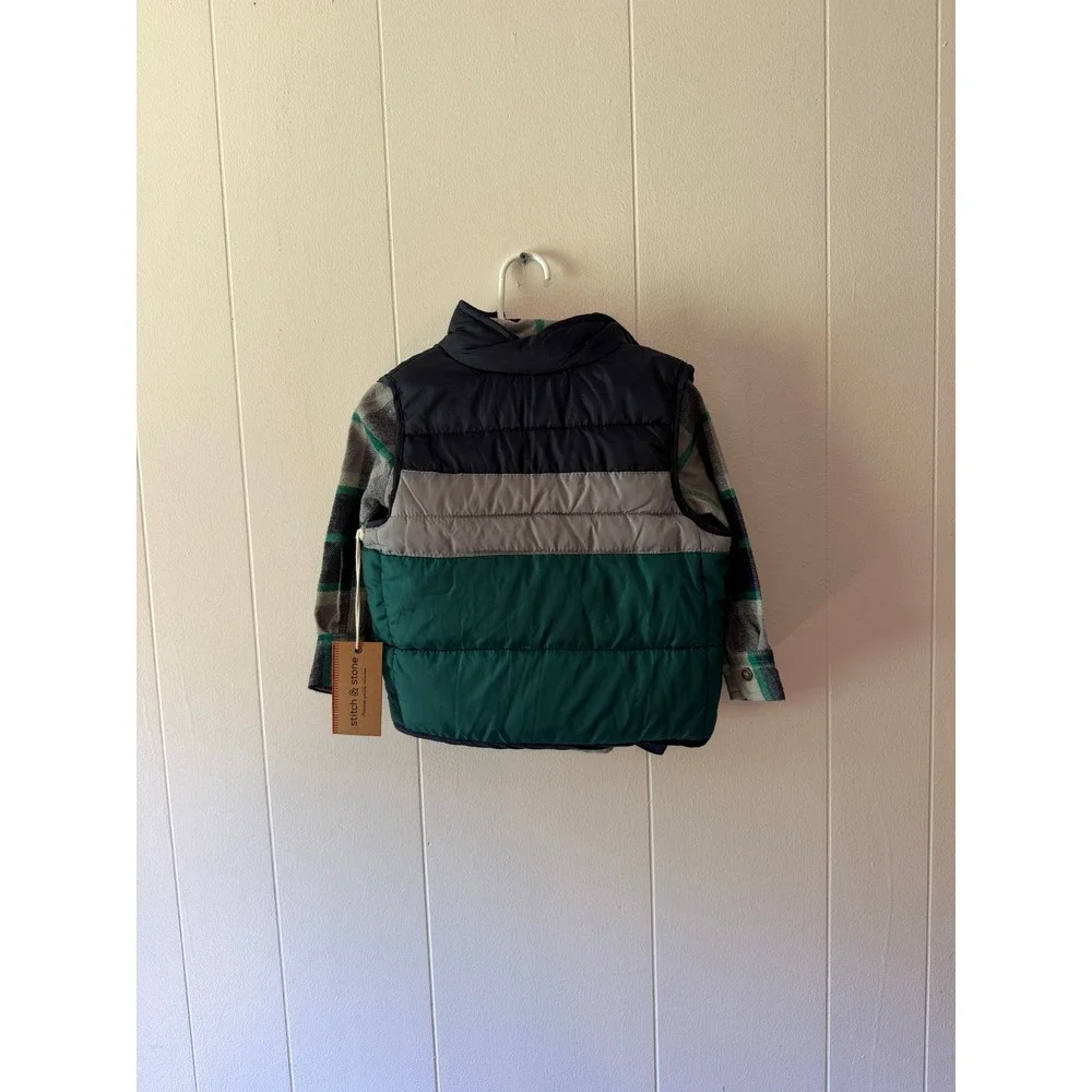 Stitch & Stone Toddler Boys 2T Puffer Vest and Plaid Flannel Shirt Set NWT